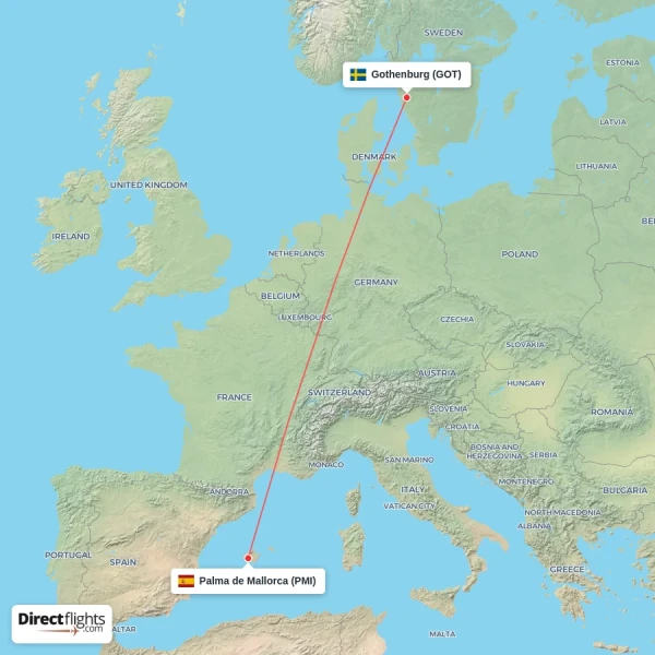 Palma de Mallorca - Gothenburg direct flight map
