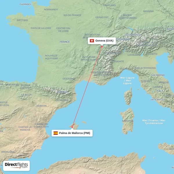 Palma de Mallorca - Geneva direct flight map