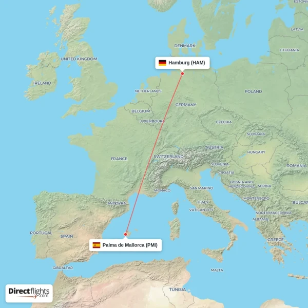 Palma de Mallorca - Hamburg direct flight map