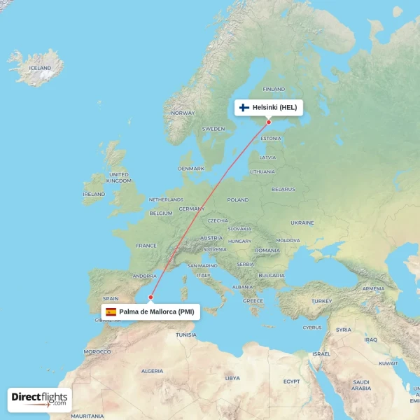 Palma de Mallorca - Helsinki direct flight map