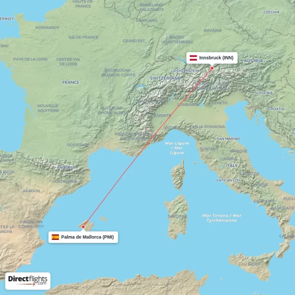 Palma de Mallorca - Innsbruck direct flight map