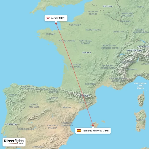 Palma de Mallorca - Jersey direct flight map