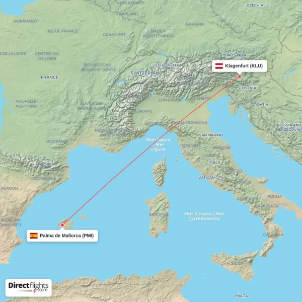 Palma de Mallorca - Klagenfurt direct flight map