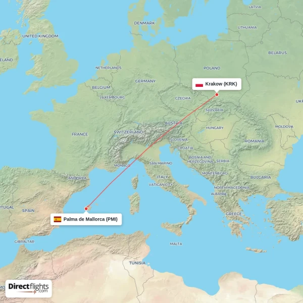 Palma de Mallorca - Krakow direct flight map