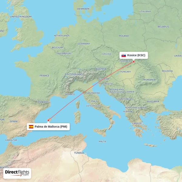 Palma de Mallorca - Kosice direct flight map