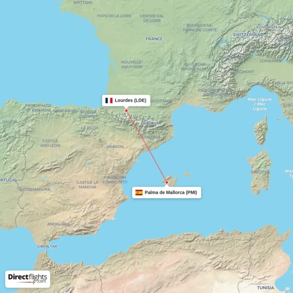 Palma de Mallorca - Lourdes direct flight map