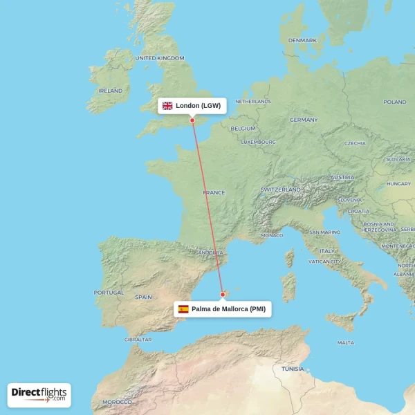 Palma de Mallorca - London direct flight map