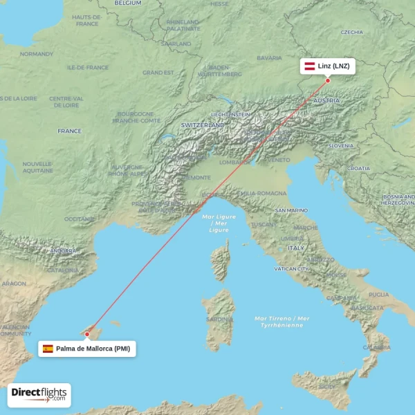 Palma de Mallorca - Linz direct flight map