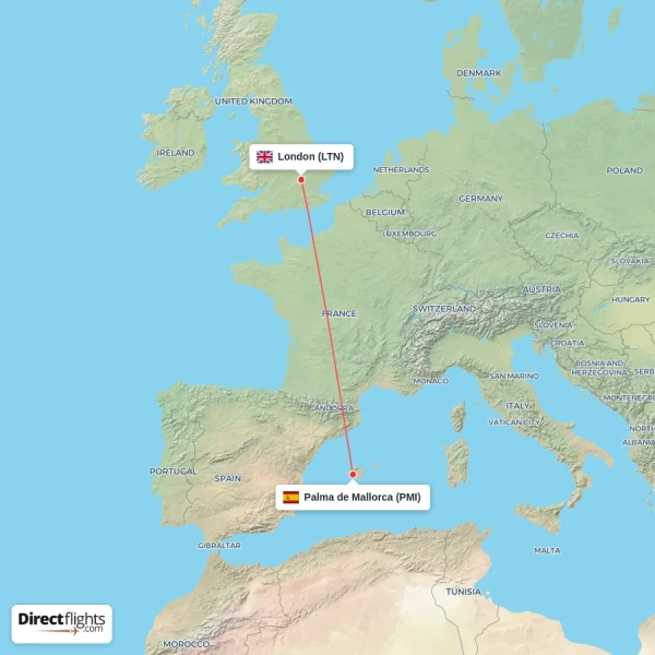 Palma de Mallorca - London direct flight map