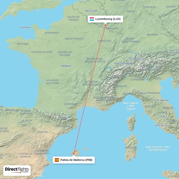 Palma de Mallorca - Luxembourg direct flight map