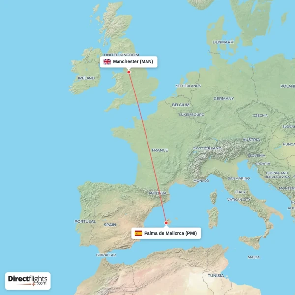 Palma de Mallorca - Manchester direct flight map
