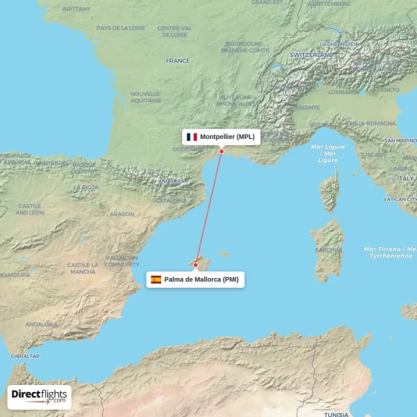 Palma de Mallorca - Montpellier direct flight map