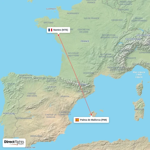 Palma de Mallorca - Nantes direct flight map