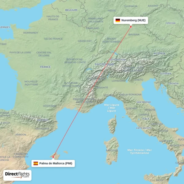 Palma de Mallorca - Nuremberg direct flight map