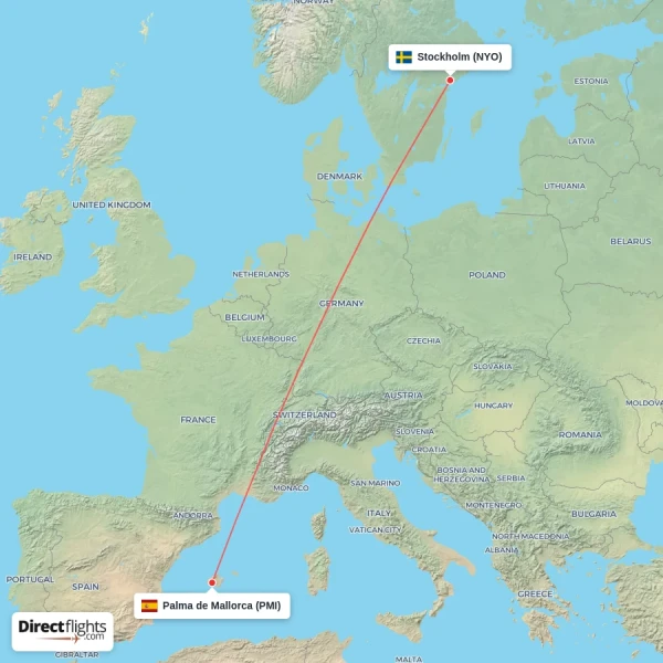 Palma de Mallorca - Stockholm direct flight map
