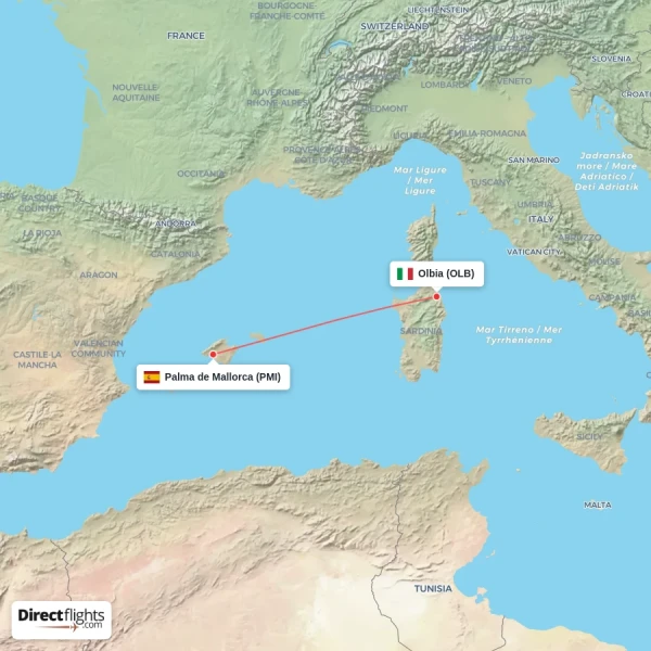 Palma de Mallorca - Olbia direct flight map