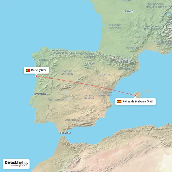 Palma de Mallorca - Porto direct flight map