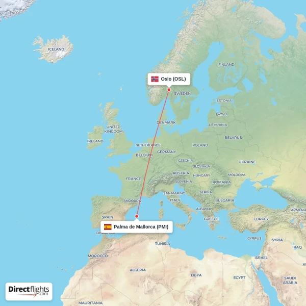 Palma de Mallorca - Oslo direct flight map