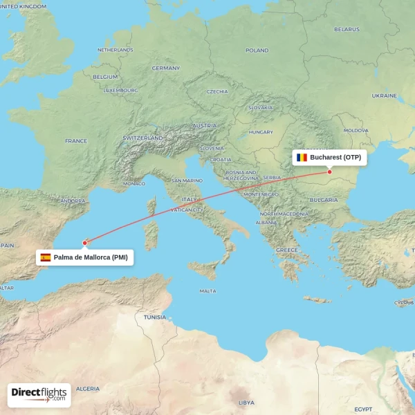 Palma de Mallorca - Bucharest direct flight map