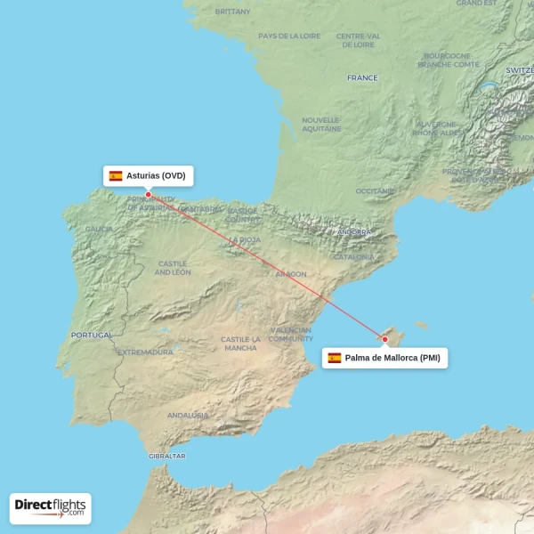Palma de Mallorca - Asturias direct flight map