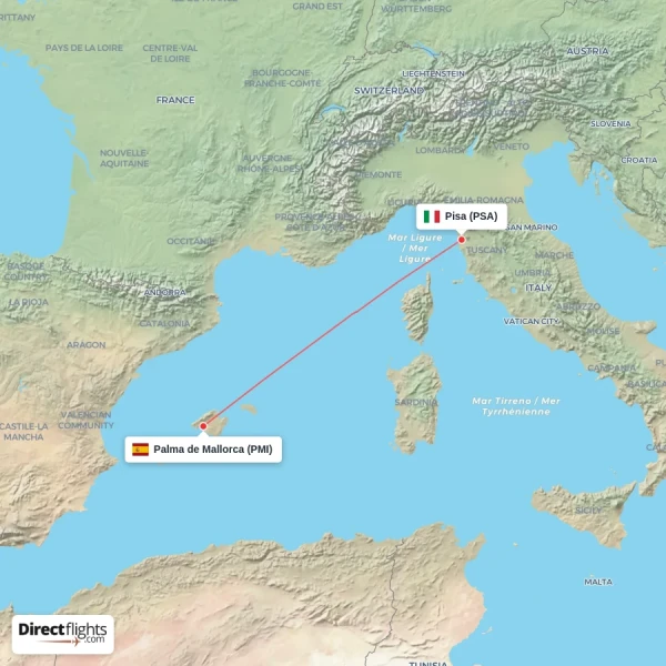 Palma de Mallorca - Pisa direct flight map