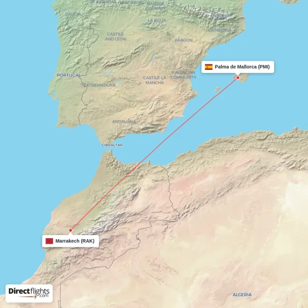 Palma de Mallorca - Marrakech direct flight map