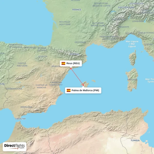 Palma de Mallorca - Reus direct flight map