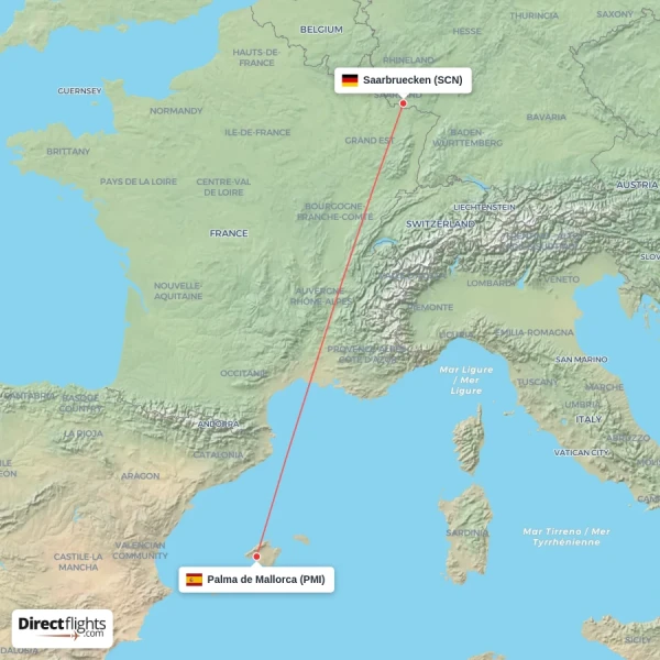 Palma de Mallorca - Saarbruecken direct flight map