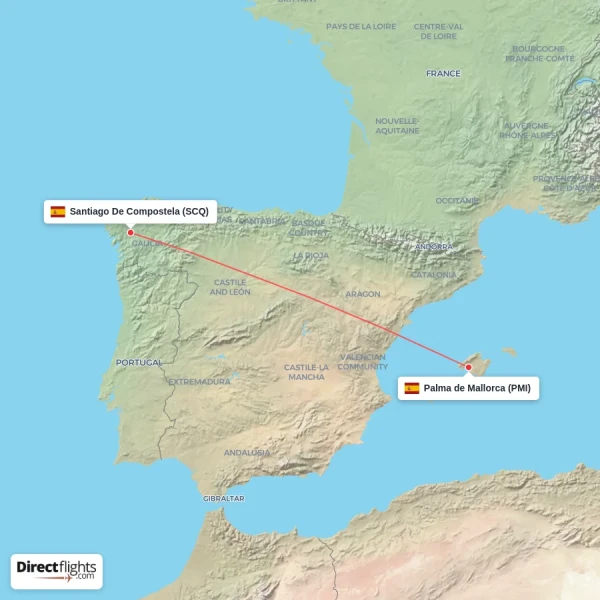 Palma de Mallorca - Santiago De Compostela direct flight map
