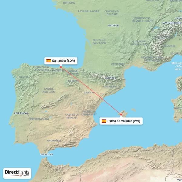 Palma de Mallorca - Santander direct flight map