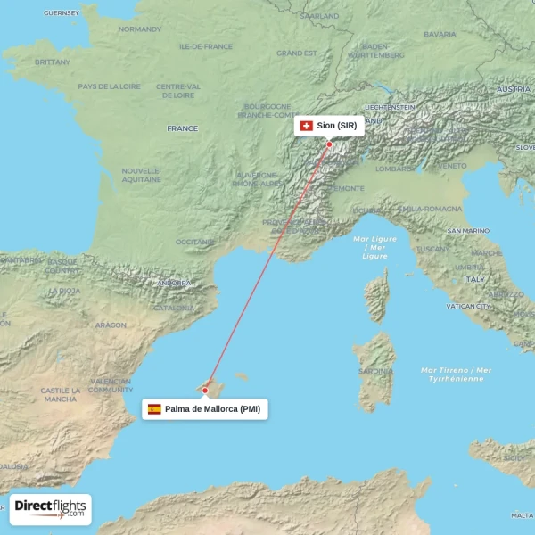Palma de Mallorca - Sion direct flight map