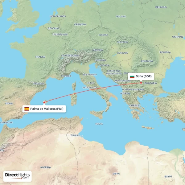 Palma de Mallorca - Sofia direct flight map