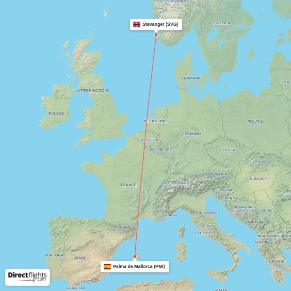 Palma de Mallorca - Stavanger direct flight map