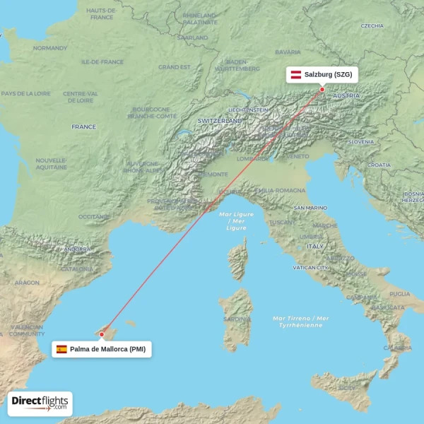 Palma de Mallorca - Salzburg direct flight map