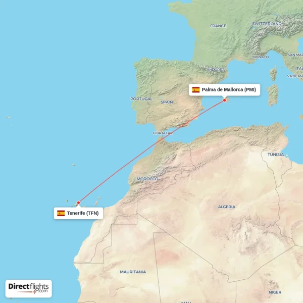 Palma de Mallorca - Tenerife direct flight map