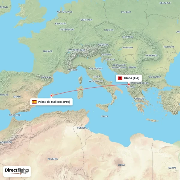 Palma de Mallorca - Tirana direct flight map