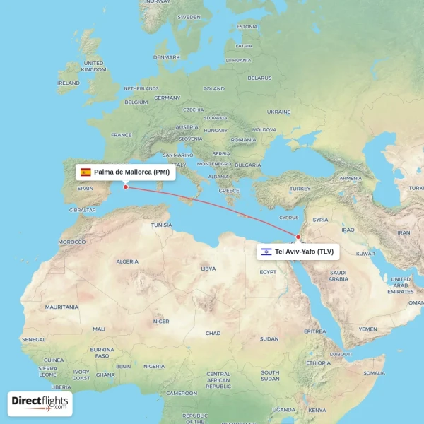 Palma de Mallorca - Tel Aviv-Yafo direct flight map