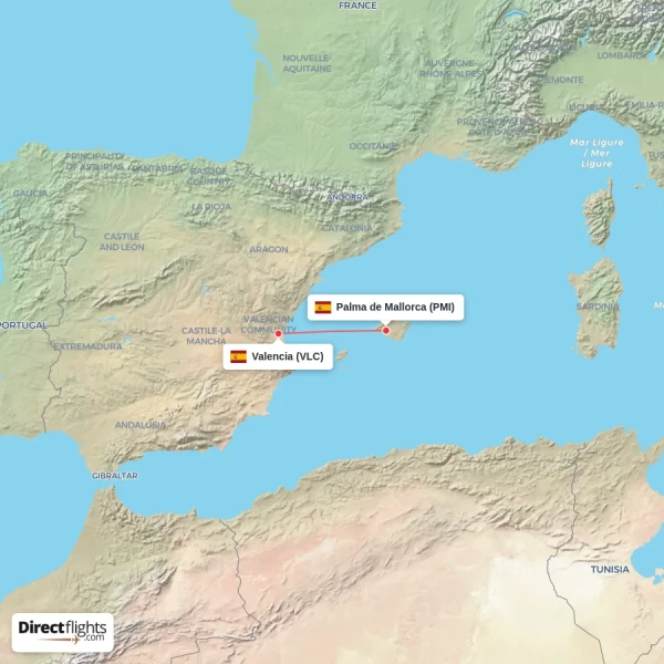 Palma de Mallorca - Valencia direct flight map