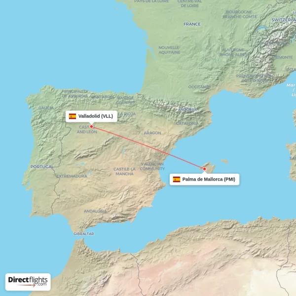 Palma de Mallorca - Valladolid direct flight map