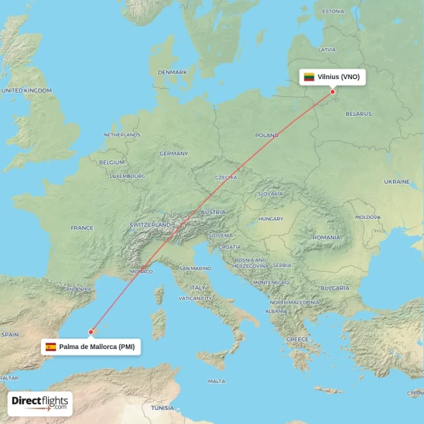 Palma de Mallorca - Vilnius direct flight map