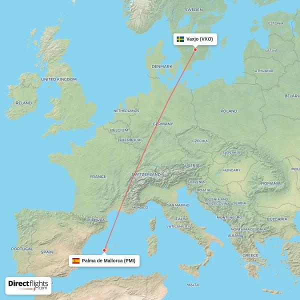Palma de Mallorca - Vaxjo direct flight map