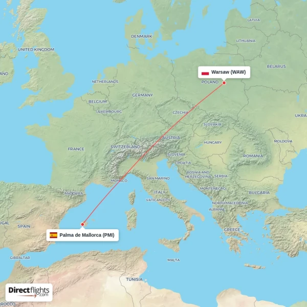 Palma de Mallorca - Warsaw direct flight map