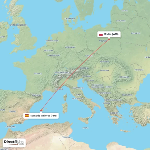 Palma de Mallorca - Modlin direct flight map