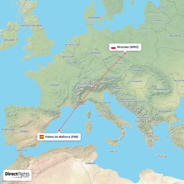 Palma de Mallorca - Wroclaw direct flight map