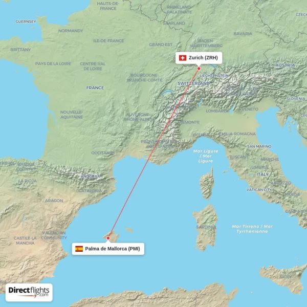 Palma de Mallorca - Zurich direct flight map