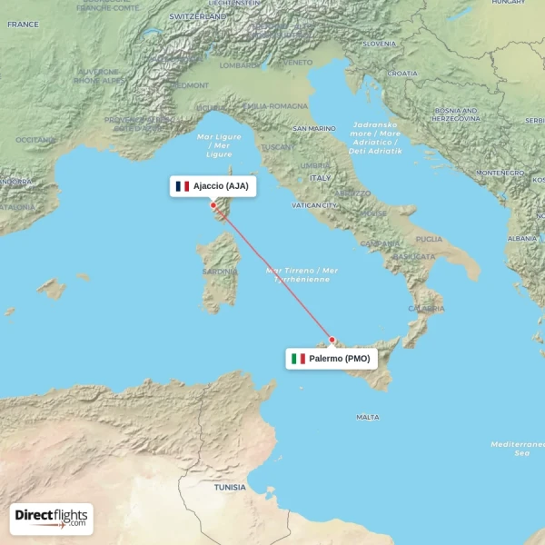 Palermo - Ajaccio direct flight map
