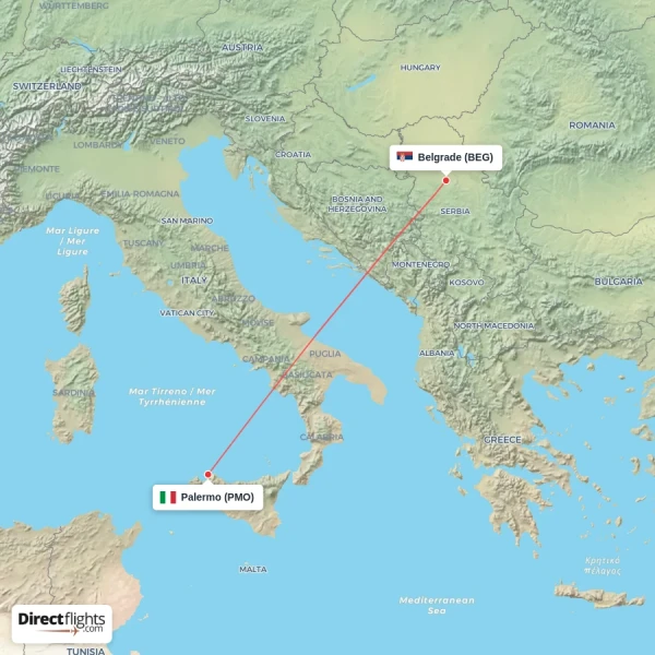 Palermo - Belgrade direct flight map