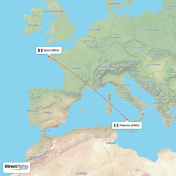 Palermo - Brest direct flight map