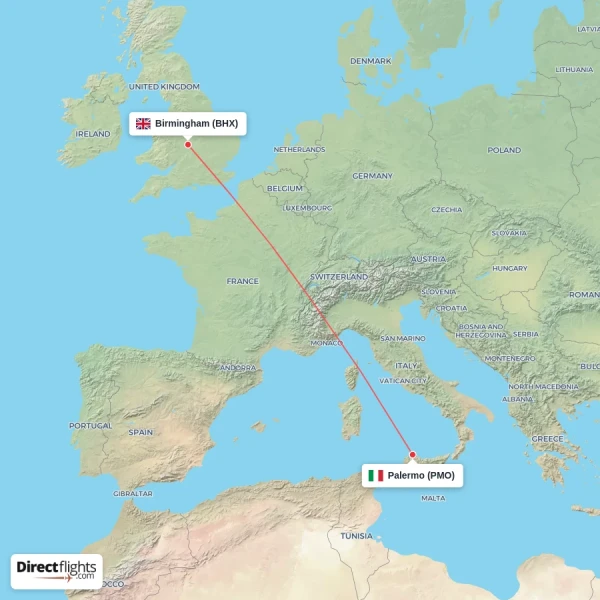 Palermo - Birmingham direct flight map