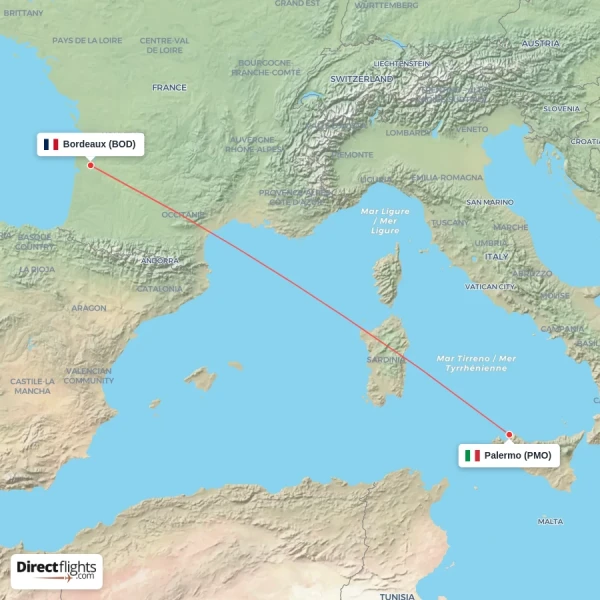 Palermo - Bordeaux direct flight map